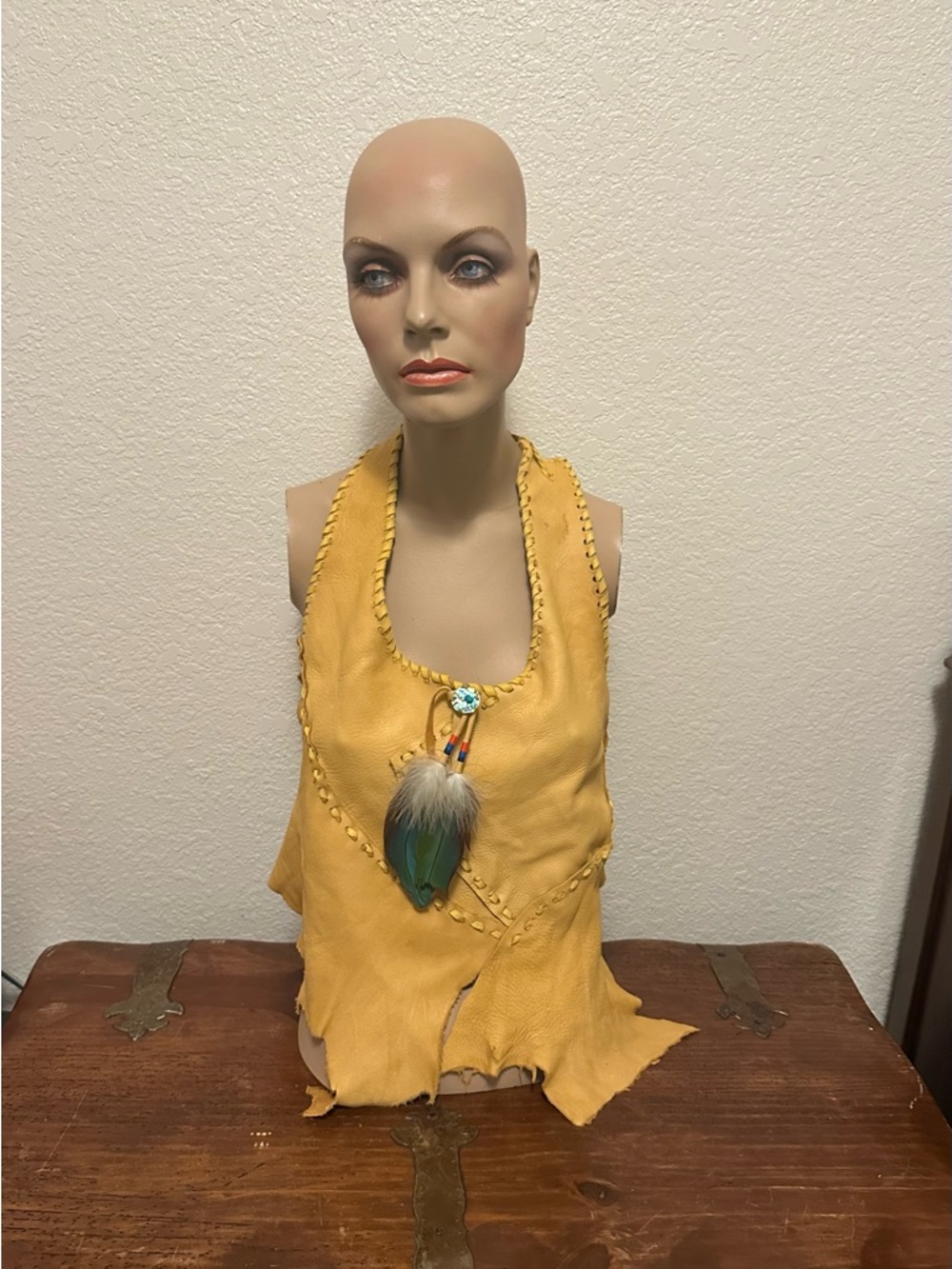 Hand Crafted Mustard Yellow Soft Elk Skin Halter Top with macaw feather accents